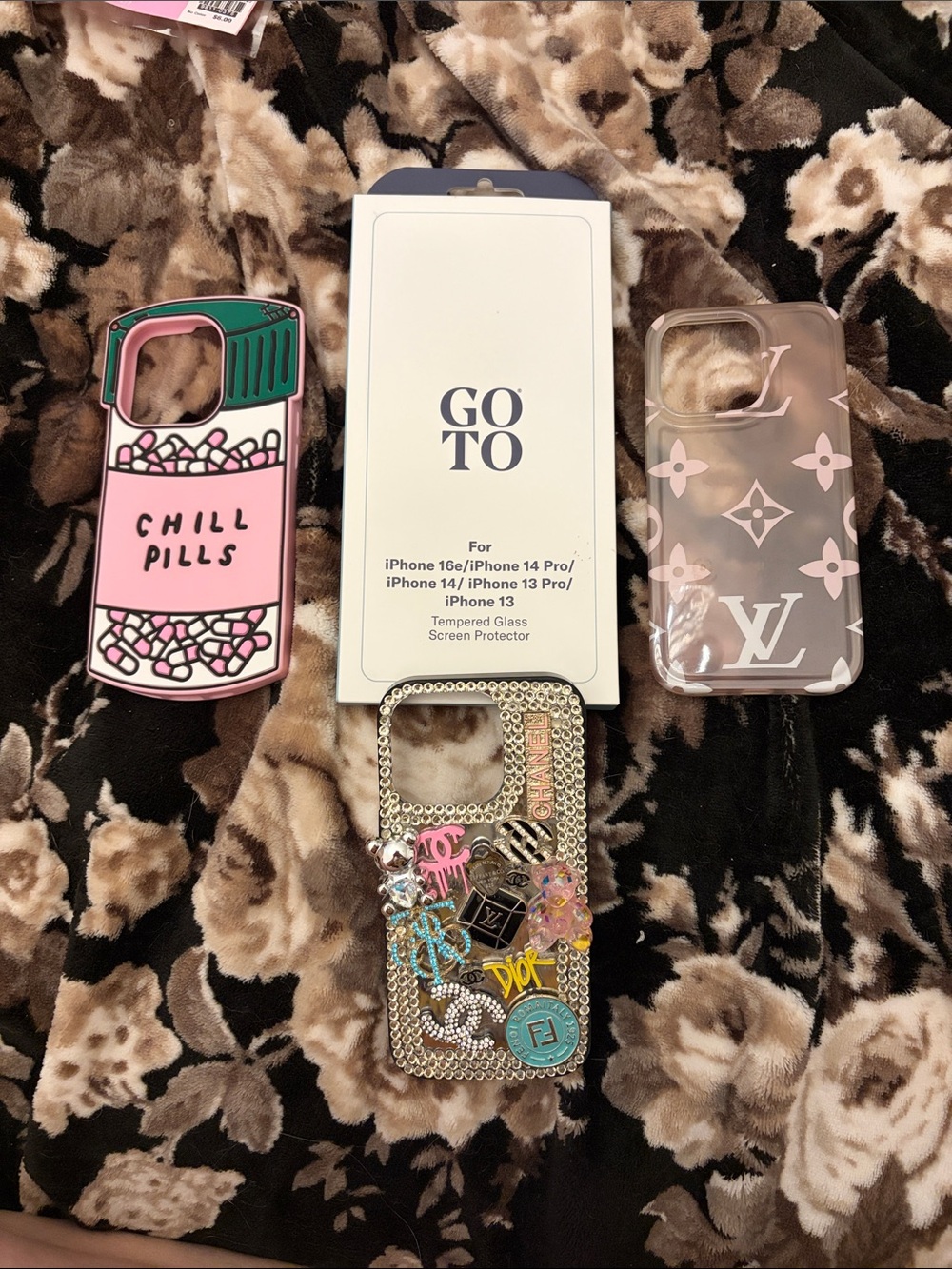 L V, chill pill and handmade charm w/ brand new screen iPhone 14 Pro cases